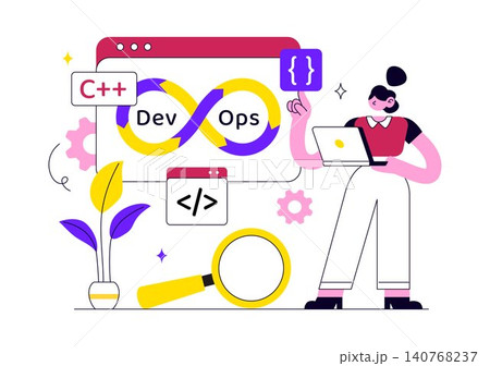 DevOps Vector Illustration Featuring Continuous Integration, Continuous Deployment, Software Development, Code Collaboration, and Agile Workflow DevOps Vector Illustration Featuring Continuous Integration, Continuous Deployment, Software Development, Code Collaboration, and Agile Workflow 140768237