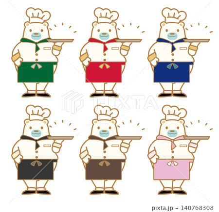 お盆・トレイ持つクマのシェフのイラストセット 140768308