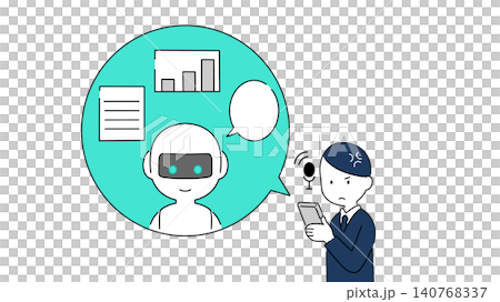 AIチャットボットとスマートフォンで会話するビジネスパーソン 横長バナー・コピースペース付きイラスト 140768337