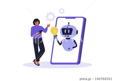 Illustration of Analyst Monitoring Smart AI Robot Generating Idea 140768501