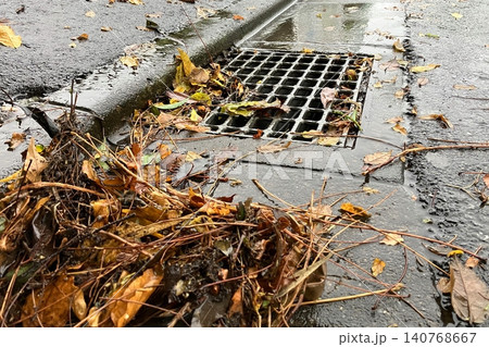落ち葉の詰まった排水桝 冠水対策 落ち葉の詰まった排水桝 冠水対策 140768667
