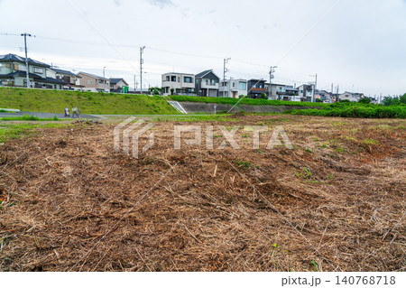 熊の出没を防ぐため藪を伐採し見晴らしを良くした河川敷 熊の出没を防ぐため藪を伐採し見晴らしを良くした河川敷 140768718