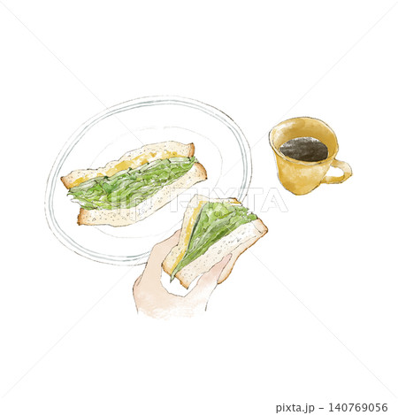 手描き水彩風のサンドイッチとコーヒーの朝食イラスト 140769056