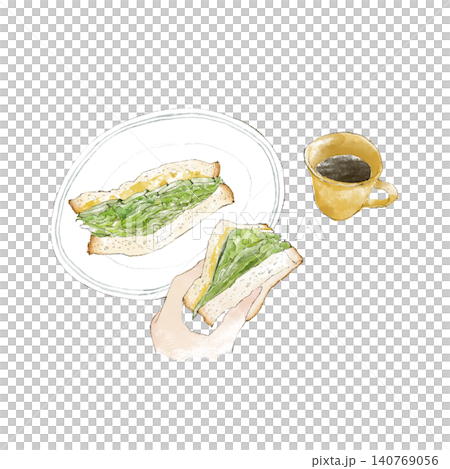 一幅手繪水彩風格的插圖,描繪了三明治和咖啡早餐。 一幅手繪水彩風格的插圖,描繪了三明治和咖啡早餐。 140769056