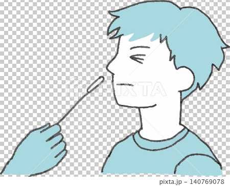 插圖描繪了一個人在棉花棒(檢測試劑盒)插入鼻腔時痛苦地皺眉的情景(解釋無痛PCR/流感檢測)。 插圖描繪了一個人在棉花棒(檢測試劑盒)插入鼻腔時痛苦地皺眉的情景(解釋無痛PCR/流感檢測)。 140769078