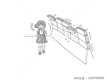 ブロック塀が倒壊して逃げる女の子の防災イラスト(白黒・モノクロ・手書き風) ブロック塀が倒壊して逃げる女の子の防災イラスト(白黒・モノクロ・手書き風) 140769083