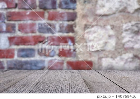 Macro Sensory Texture of Weathered Wooden Surface with Blurred Industrial Brick Background Macro Sensory Texture of Weathered Wooden Surface with Blurred Industrial Brick Background 140769416