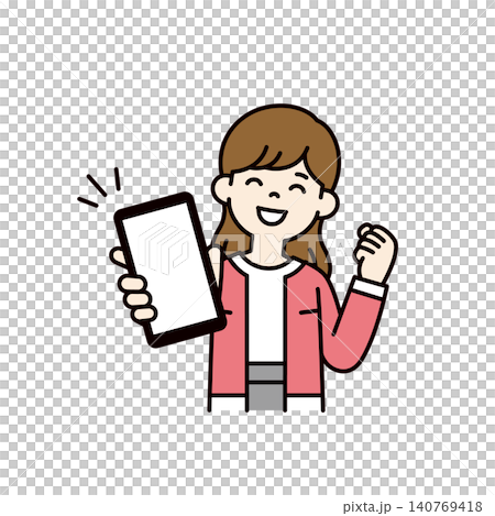 Vector illustration of a woman in her 20s or 30s happily showing off her smartphone screen and making a victory pose. Vector illustration of a woman in her 20s or 30s happily showing off her smartphone screen and making a victory pose. 140769418
