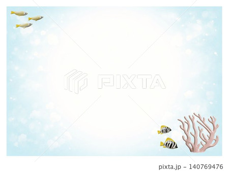 熱帯魚とサンゴの海フレーム背景 水彩風ブルーのコピースペース 熱帯魚とサンゴの海フレーム背景 水彩風ブルーのコピースペース 140769476