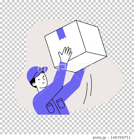 A smiling male worker lifts a cardboard box high into the air. 140769751