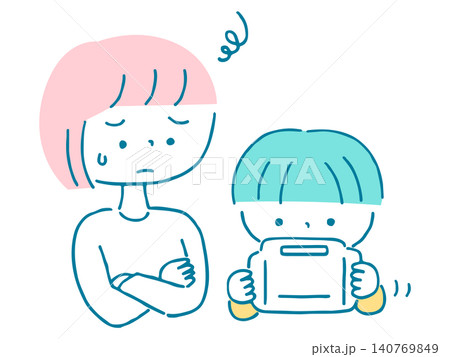 ゲームばかりする子供に困るお母さんのイラスト ゲームばかりする子供に困るお母さんのイラスト 140769849