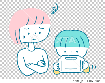 ゲームばかりする子供に困るお母さんのイラスト ゲームばかりする子供に困るお母さんのイラスト 140769849