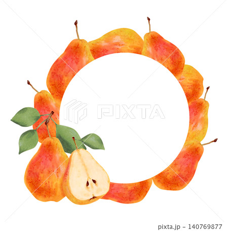 Round frame of yellow pear with leaves. Watercolor illustration. Wreath of juicy fruits with space for text. Hand-drawn isolated art. Vegetarian products, organic food. For juice packaging, menu 140769877