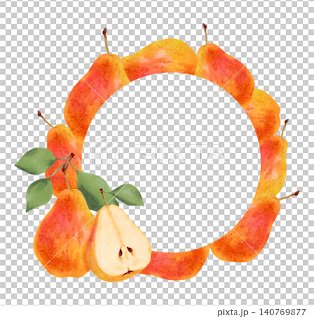 Round frame of yellow pear with leaves. Watercolor illustration. Wreath of juicy fruits with space for text. Hand-drawn isolated art. Vegetarian products, organic food. For juice packaging, menu 140769877