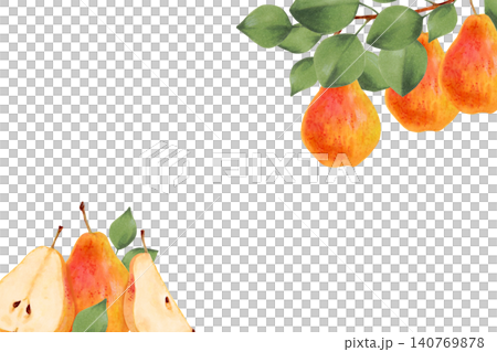 Horizontal frame made of pears. Whole yellow pears and slices with leaves. Watercolor botanical illustration. Hand drawn isolated art. Template for a farmers' market or juice packaging design Horizontal frame made of pears. Whole yellow pears and slices with leaves. Watercolor botanical illustration. Hand drawn isolated art. Template for a farmers' market or juice packaging design 140769878