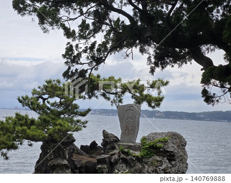 葉山・森戸神社の海岸沿いに佇む「千貫松」の石碑と名木 葉山・森戸神社の海岸沿いに佇む「千貫松」の石碑と名木 140769888
