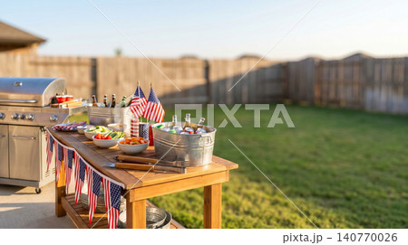 Backyard grill station and patriotic party table at sunset with barbecue backyard patriotic celebration gathering hospitality lighting recreation prepared delicious vegetables appetizers Backyard grill station and patriotic party table at sunset with barbecue backyard patriotic celebration gathering hospitality lighting recreation prepared delicious vegetables appetizers 140770026