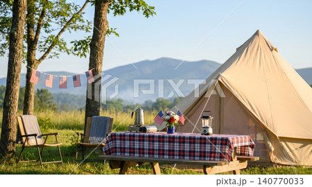 Patriotic glamping setup in a sunny field with glamping mountain patriotic adventure vacation landscape decorations wilderness lifestyle independence relaxing equipment peaceful Patriotic glamping setup in a sunny field with glamping mountain patriotic adventure vacation landscape decorations wilderness lifestyle independence relaxing equipment peaceful 140770033