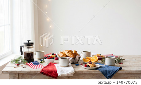 Patriotic coffee and breakfast table setting in cozy indoor room with breakfast patriotic celebration interior croissant lifestyle daylight sunlight relaxing peaceful arrangement tableware Patriotic coffee and breakfast table setting in cozy indoor room with breakfast patriotic celebration interior croissant lifestyle daylight sunlight relaxing peaceful arrangement tableware 140770075
