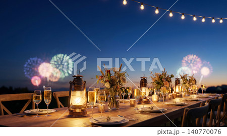Outdoor evening dinner party with firework displays fireworks celebration gathering decoration atmosphere romantic landscape twilight beverage centerpiece arrangement colorful anniversary Outdoor evening dinner party with firework displays fireworks celebration gathering decoration atmosphere romantic landscape twilight beverage centerpiece arrangement colorful anniversary 140770076
