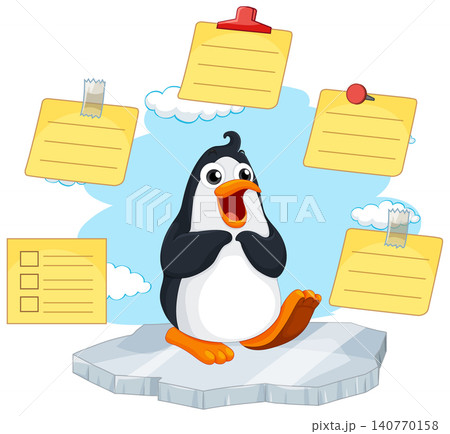 Happy Cartoon Penguin Standing on Ice with Yellow Sticky Notes Happy Cartoon Penguin Standing on Ice with Yellow Sticky Notes 140770158