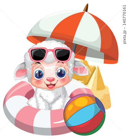 Cute Cartoon Lamb Relaxing on Beach with Summer Vacation Accessories 140770161