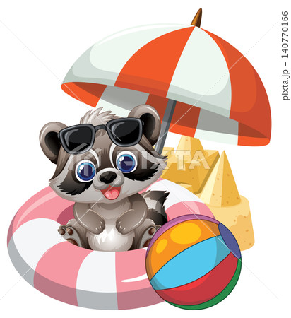 Vector Illustration of a Happy Raccoon Enjoying a Summer Beach Vacation 140770166