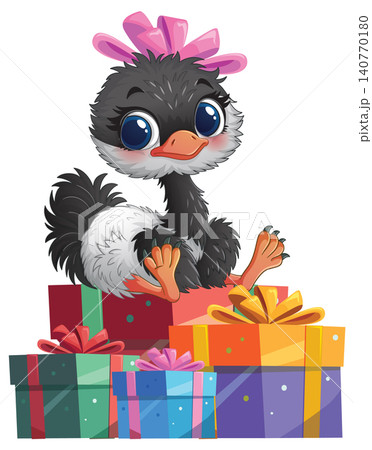 Cute Baby Ostrich Sitting on Colorful Gift Boxes with Pink Bow Cute Baby Ostrich Sitting on Colorful Gift Boxes with Pink Bow 140770180