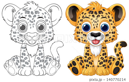 Cute Cartoon Leopard Cub Vector Illustration with Coloring Page Version 140770214