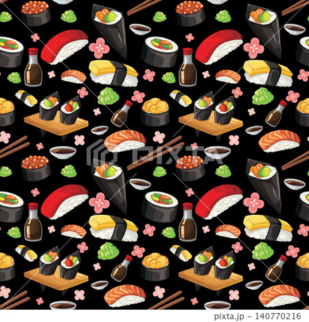 Seamless Vector Pattern of Assorted Sushi and Japanese Cuisine Elements 140770216