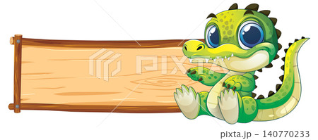 Cute Cartoon Baby Crocodile Sitting Next to Blank Wooden Sign Cute Cartoon Baby Crocodile Sitting Next to Blank Wooden Sign 140770233