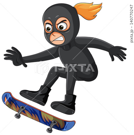 Female Burglar in Black Suit Jumping on Skateboard Female Burglar in Black Suit Jumping on Skateboard 140770247
