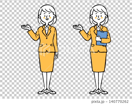 Full-body vector illustration of a female employee in a suit giving directions (orange). Full-body vector illustration of a female employee in a suit giving directions (orange). 140770262