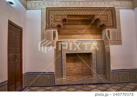 An antique fireplace decorated with zellij tile mosaics shines in Marrakech's Bahia Palace An antique fireplace decorated with zellij tile mosaics shines in Marrakech's Bahia Palace 140770378