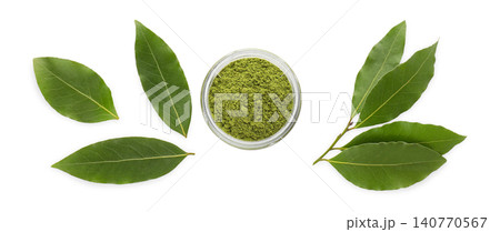 Bay leaves surround green herbal powder in glass jar, PNG Bay leaves surround green herbal powder in glass jar, PNG 140770567