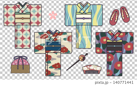 Illustration set of kimono and Japanese accessories Illustration set of kimono and Japanese accessories 140771441