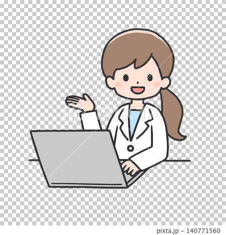 A woman in a white coat giving instructions in front of a computer. 140771560