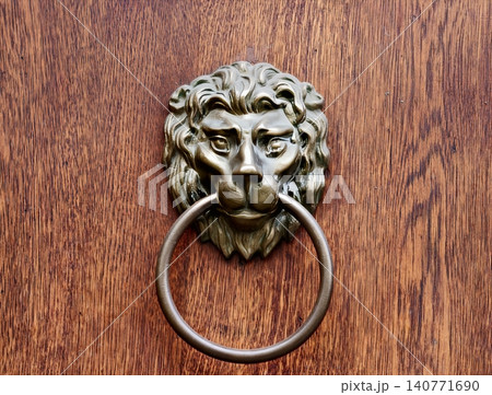 Vintage lion knocker. Classic lionthemed door ornament crafted from brass and mounted on historic wood panel 140771690