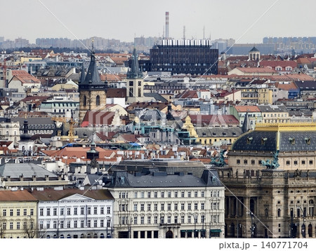 Vibrant riverside living. Lively residential areas along Vltava featuring cafes and reflection views 140771704