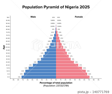 Nigeria, population pyramid 2025. Age structure diagram and distribution of over 237 million people. Classic progressive, expansive, or triangle-shape, indicating a young, rapidly growing population. 140771769