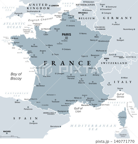 France, gray political map, showing mainland France, a republic in Western Europe, with the capital Paris. Metropolitan or European France, also known as the Hexagon, with the island Corsica. Vector France, gray political map, showing mainland France, a republic in Western Europe, with the capital Paris. Metropolitan or European France, also known as the Hexagon, with the island Corsica. Vector 140771770