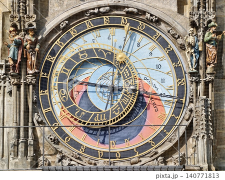 Ancient timepiece detailed design. Medieval astronomical clock reveals heritage craftsmanship Ancient timepiece detailed design. Medieval astronomical clock reveals heritage craftsmanship 140771813