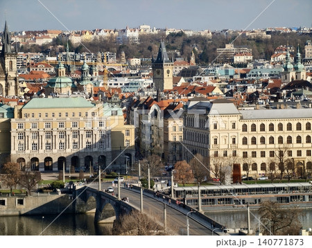 Urban river crossing. Serene riverside bridge with domed rooftops and illuminated reflections Urban river crossing. Serene riverside bridge with domed rooftops and illuminated reflections 140771873