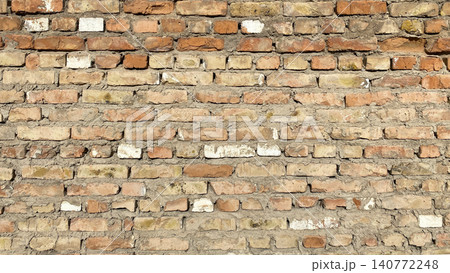 The texture of dilapidated brickwork. The wall is made of old shabby red brick 140772248