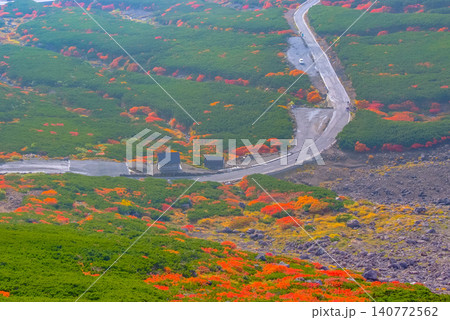 秋の朝光 紅葉最盛期の乗鞍岳・眼下に望む乗鞍エコーラインと位ヶ原に広がる美しい紅葉風景 秋の朝光 紅葉最盛期の乗鞍岳・眼下に望む乗鞍エコーラインと位ヶ原に広がる美しい紅葉風景 140772562