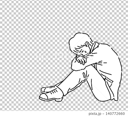 一幅插圖，描繪了一位商人抱著膝蓋哭泣的場景。 140772660