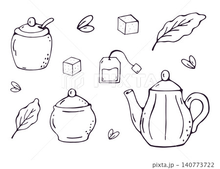 Tea Set with Teapot and Sugar Bowl Hand Drawn Doodle Tea Set with Teapot and Sugar Bowl Hand Drawn Doodle 140773722