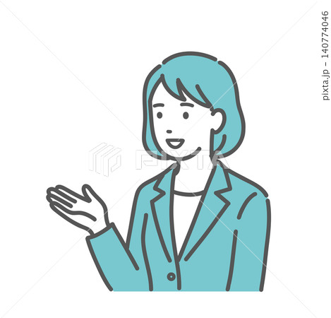 笑顔で案内・説明をするスーツ姿の女性のイラスト 笑顔で案内・説明をするスーツ姿の女性のイラスト 140774046