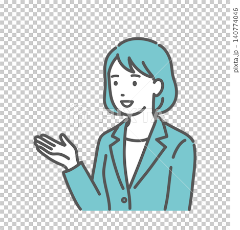 笑顔で案内・説明をするスーツ姿の女性のイラスト 笑顔で案内・説明をするスーツ姿の女性のイラスト 140774046