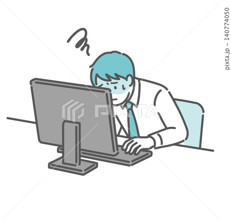 パソコンの前で辛そうに仕事をする男性のイラスト パソコンの前で辛そうに仕事をする男性のイラスト 140774050